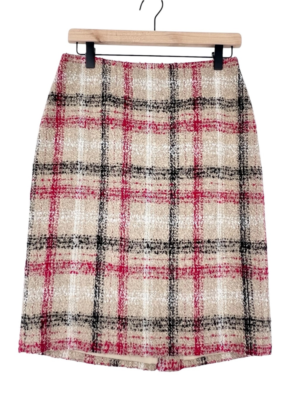 Talbots WOOL BLEND Boucle Pencil Skirt Tan Red PLAID 2 Classic Preppy Academia